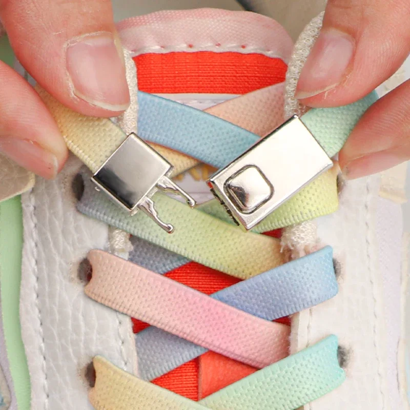 

18 Colors Flat Shoelaces Metal Press Lock Elastic Shoe Laces Without Ties Sports Enthusiasts Convenient No Tie Shoe Laces