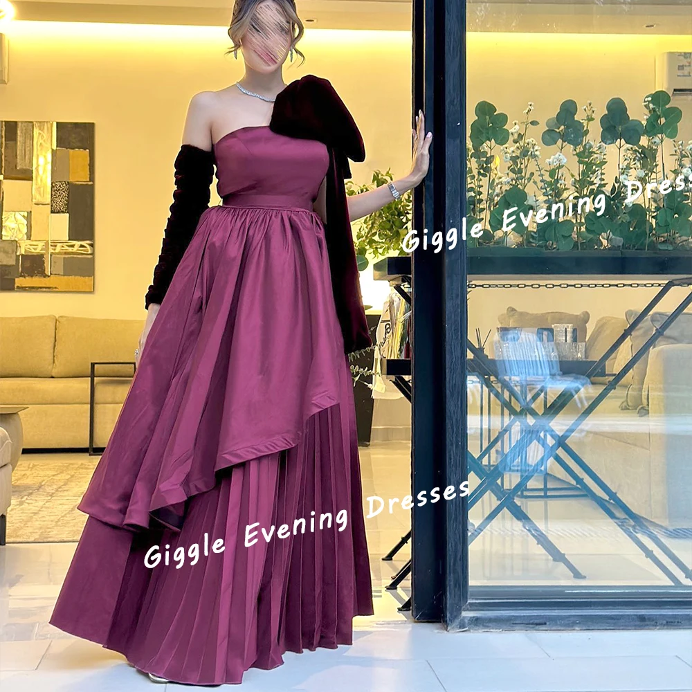 Giggle Satin Strapless Bow A-Line Elegance Prom Gown Saudi Arab Summer Ruched Floor-Length Evening Party Dresses for Women 2024