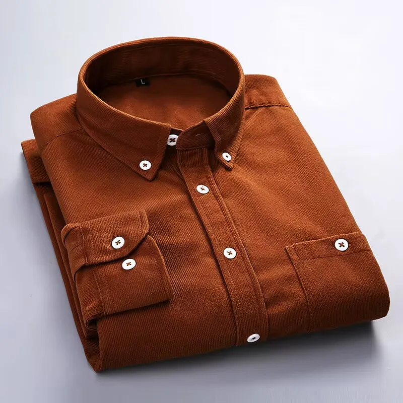 

2024 New Spring Men's Long Sleeve Corduroy Casual Shirt Front Patch Chest Pocket Regular-fit Work Shirts Male Office Shirt 5XL