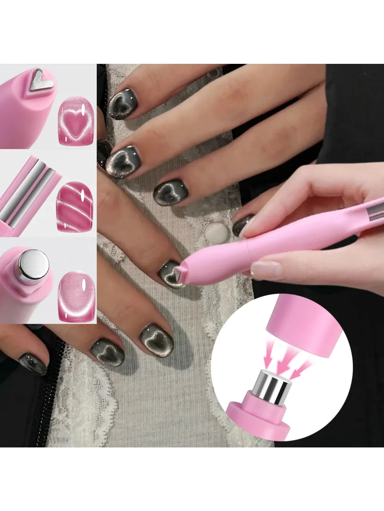 1Pcs 3-In-1 Heart Shape Cat Eye Nail Art Magnet Double Line Moon Snake French Magnet Pen for Magnetic Gel Polish Manicure Tools