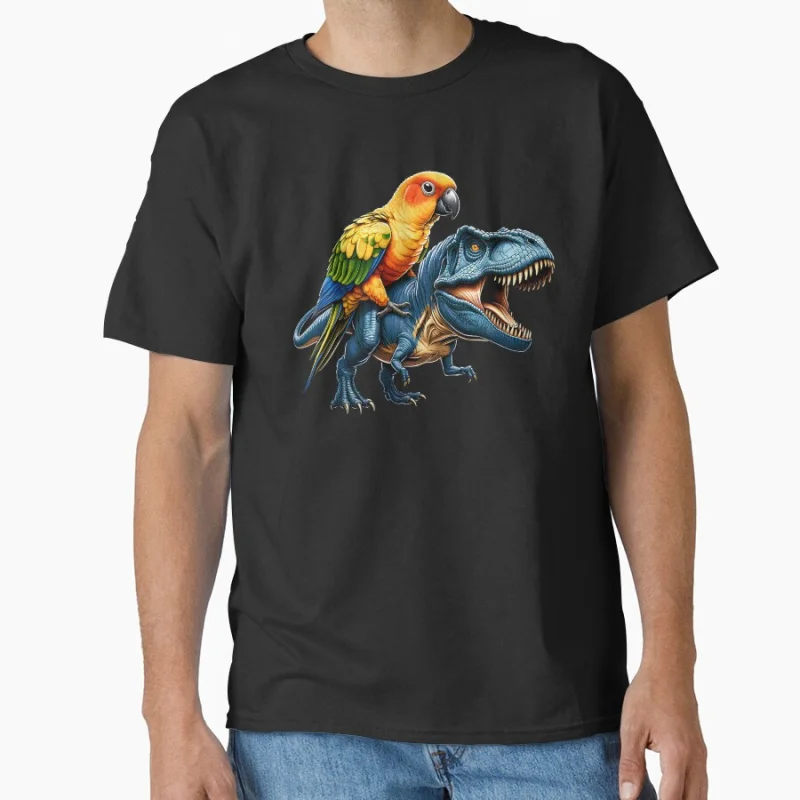 

Sun Conure Parrot Riding Dinosaur Funny Bird Lover Gift T shirt for man Large size Tops Funny parrot Graphic Printed clothes