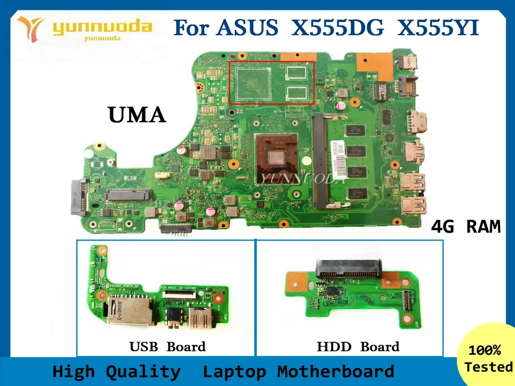 

X555DG For ASUS X555YI X555DG Laptop motherboard with E1 E2 A4 A6 A8 A10 CPU V2G UMA GPU 4G RAM USB HDD board 100% tested