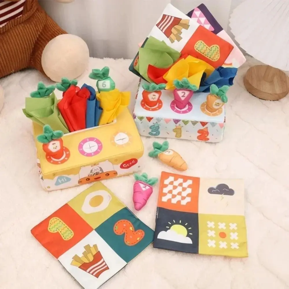 

Soft Baby Tissue Box Toy Tear-resistant Cartoon Pattern Pulling Carrots Stuffed Toys Fine Motor Skills Color Learning