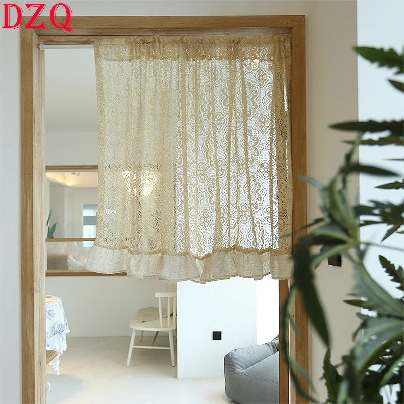 American Beige Lace Linen Woven Short Curtains for Living Room Geometry Hollow Half Curtains for Kitchen Ruffled Curtains # A445