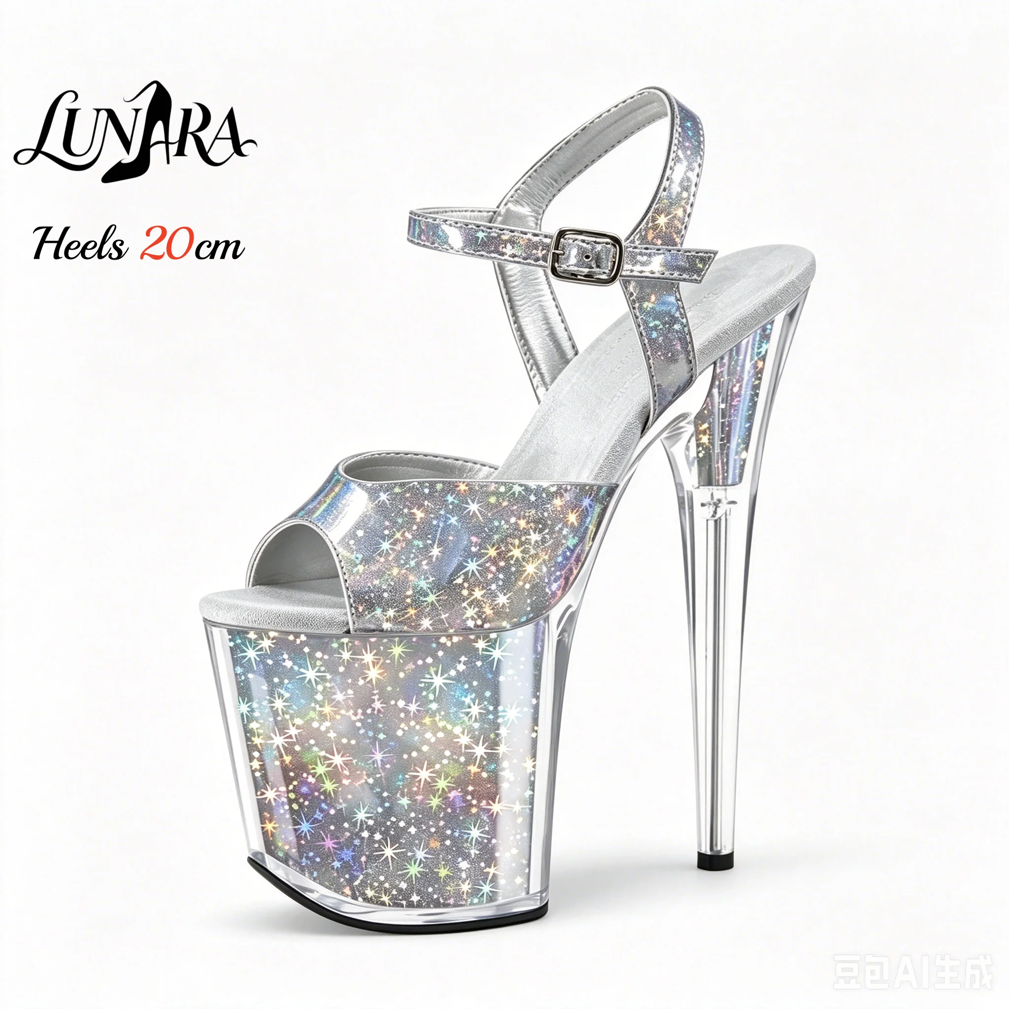 Womens 20cm/8Inch Silver Holographic Ankle Strap Buckle Open Toe Platform Stiletto Sandals Stripper shoes Pole dancing Club Rave