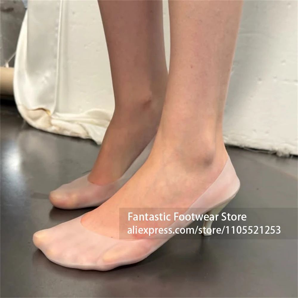 Transparent Mesh Round Toe Slim Heel Pumps Cute Novelty Style Slip on High Heels Soft Upper Mule Heels Women's Handmade Footwear