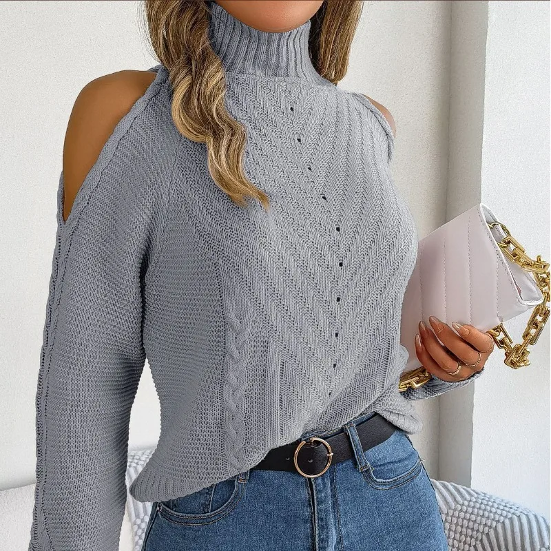 Autumn and Winter Women\'s Pullover High Neck Long Sleeve Solid Off Shoulder Hollow Fried Dough Loose Fashion Casual Sweater Tops