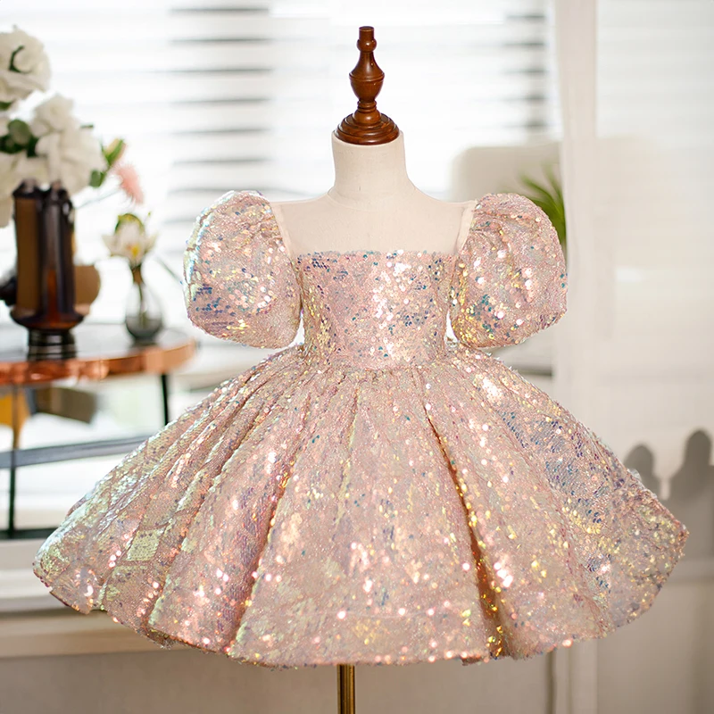 Toddler Girls Party Birthday Sequin Dresses for Pageant Short Evening Gowns Kids Princess Champagne Luxury Gala Dress Children