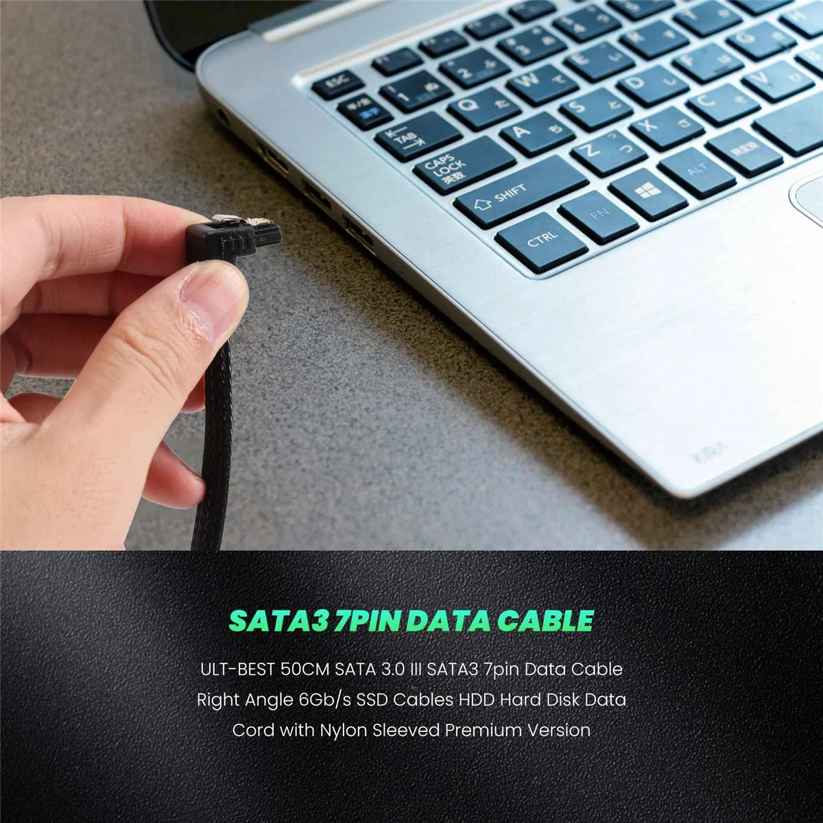 50CM SATA 3.0 III SATA3 7pin Data Cable Right Angle 6Gb/s SSD Cables HDD Hard Disk Data Cord with Nylon Sleeved(Black)