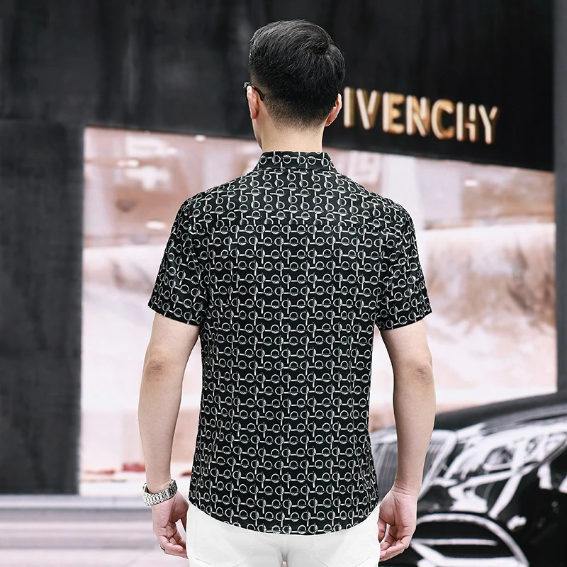 Thin Breathable Print Shirts For Men Short Sleeve Skin-Friendly Summer Top Quality Geniune Silk 92.5% Softness Camisas De Hombre
