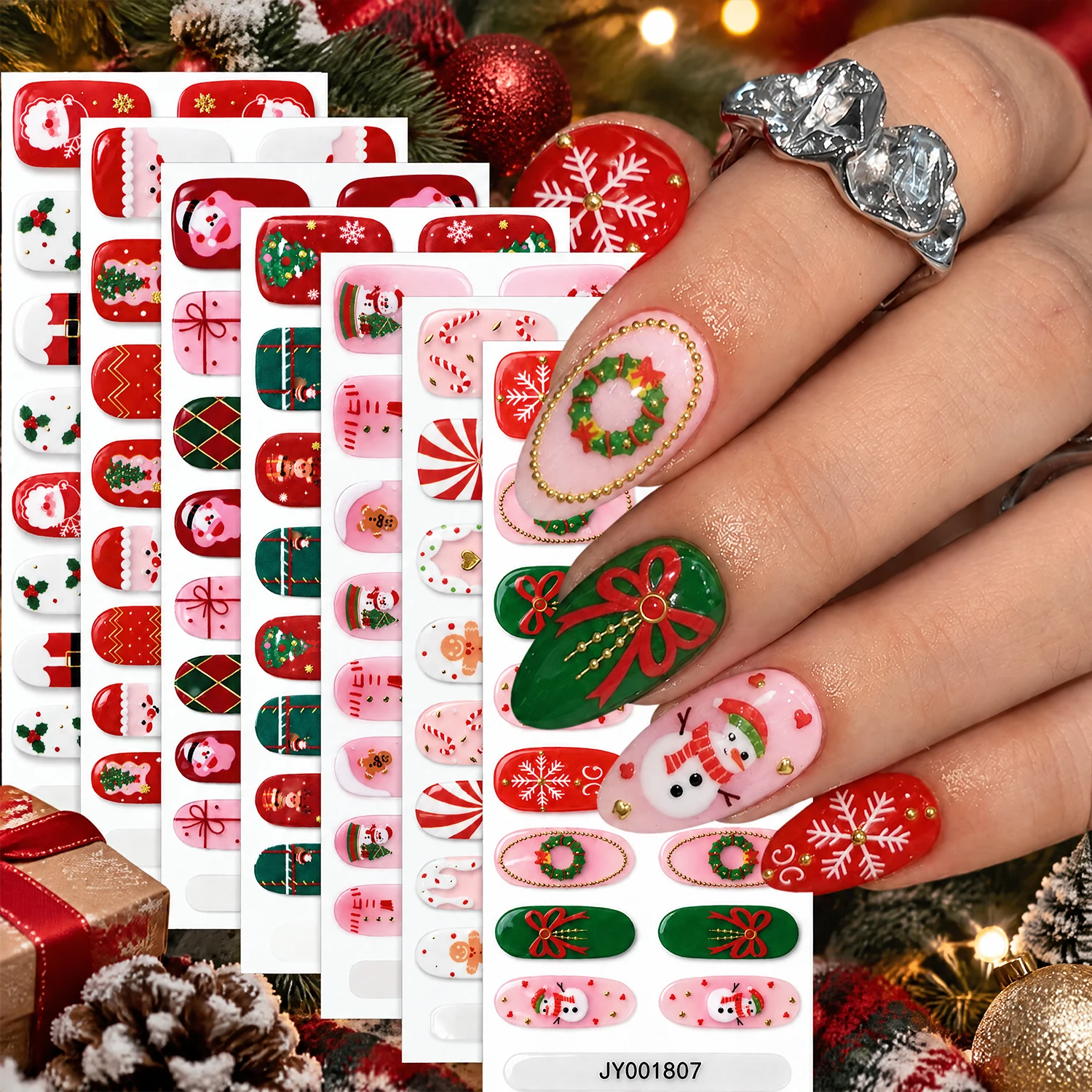 16Tips Cartoon Santa Claus Xmas Tree Nail Wraps Snowman Holly Pink Full Cover Christmas Nails Stickers Polka Dots Manicure Deca