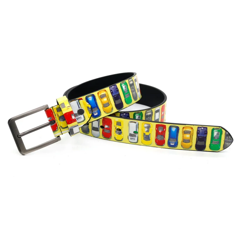 Western Yellow Car Embossed Print PU Leather Punk Women Belt Fashion Pin Buckle for Mens