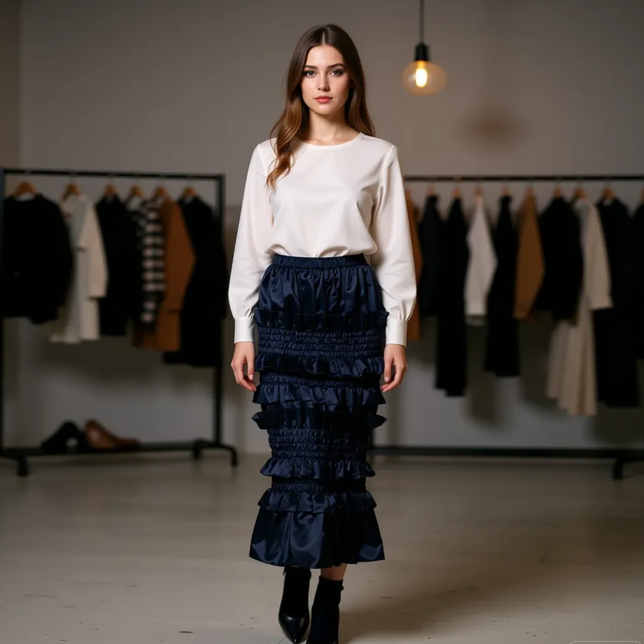 

Navy Blue Satin Midi Skirt with Layered Ruffles – High Waist A‑Line Formal & Office Skirt Mermaid Folds Ruffled Party Gown