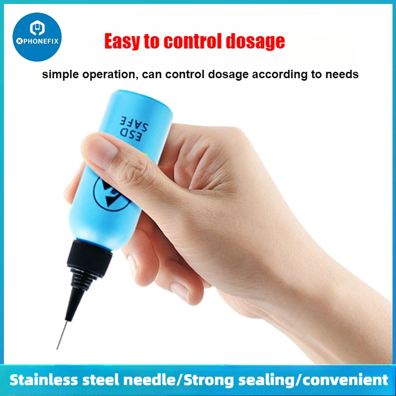 

FX432N Прочная антистатическая бутылка с растворителем на 60 мл с наконечником из нержавеющей иглы, диспенсер для жидкого флюса, спиртового масла для инструмента для ремонта телефона