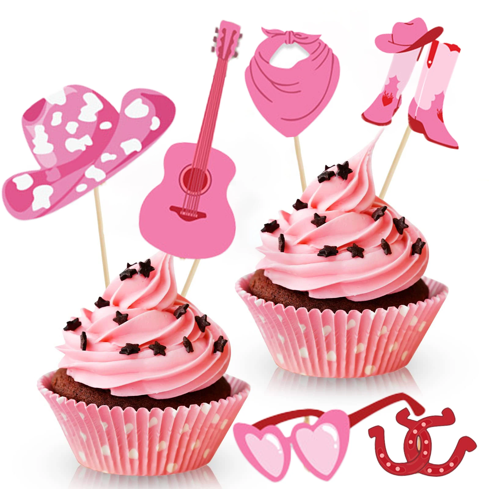 

12PCS Pink Cowgirl Hat,Boot,Scarf Cupcake Topper Western Birthday Cake Decorations Rodeo Cake Toothpick Western Party Supplies