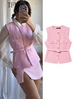 TFMLN 2025 Spring Summer Women Pink Vest Coat With Belt Elegant O Neck Sleeveless Causal Outerwear Fashion Commuter Vest Tops