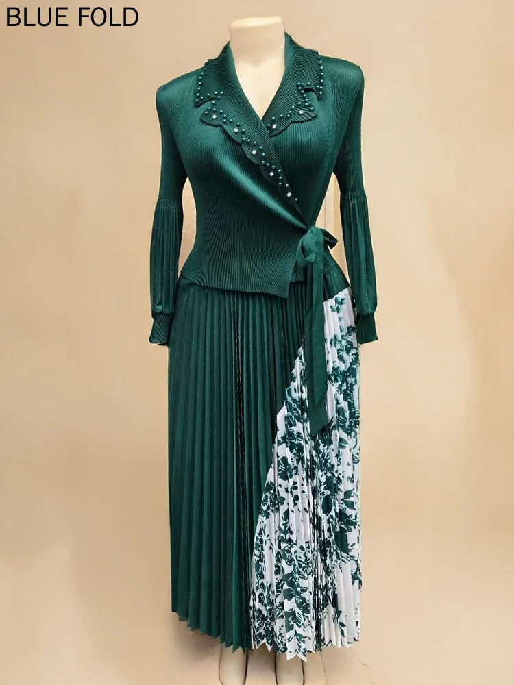 Grote maat Miyake tweedelige set voor dames, geplooid shirt en bedrukte rok, hoogwaardige stijlvolle Sense-outfit