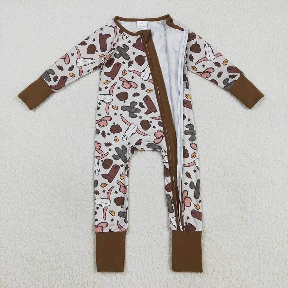 

Baby Winter Rompers Baby Boys Western Brown Long Sleeves Bull Skull Cactus Zipper Rompers