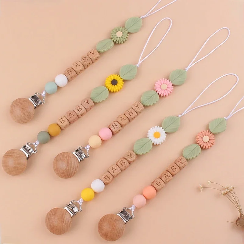 Personalized Name Baby Pacifier Clips Wooden Love Flower Silicone Beads  Teethers Dummy Nipple Holder Clip Newborn Teething Toys