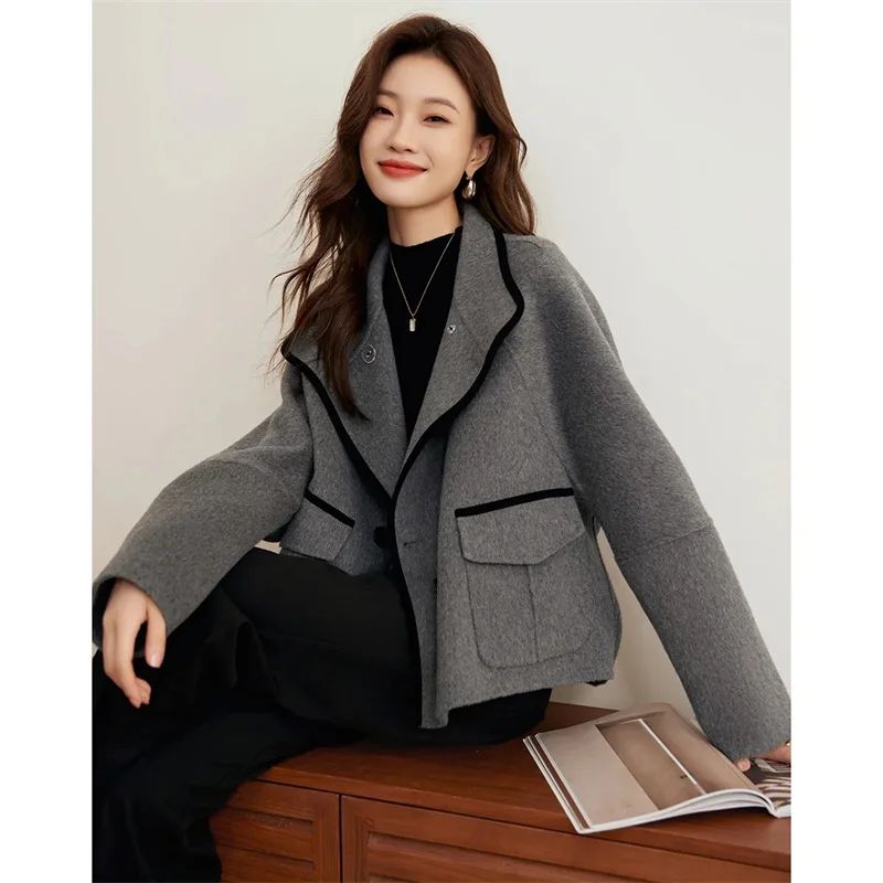 Autumn Winter Ladies Double-breasted Woolen Coat 2024 Female Solid Color Outwear Korean Women Color Collision Wool Blend Jacket