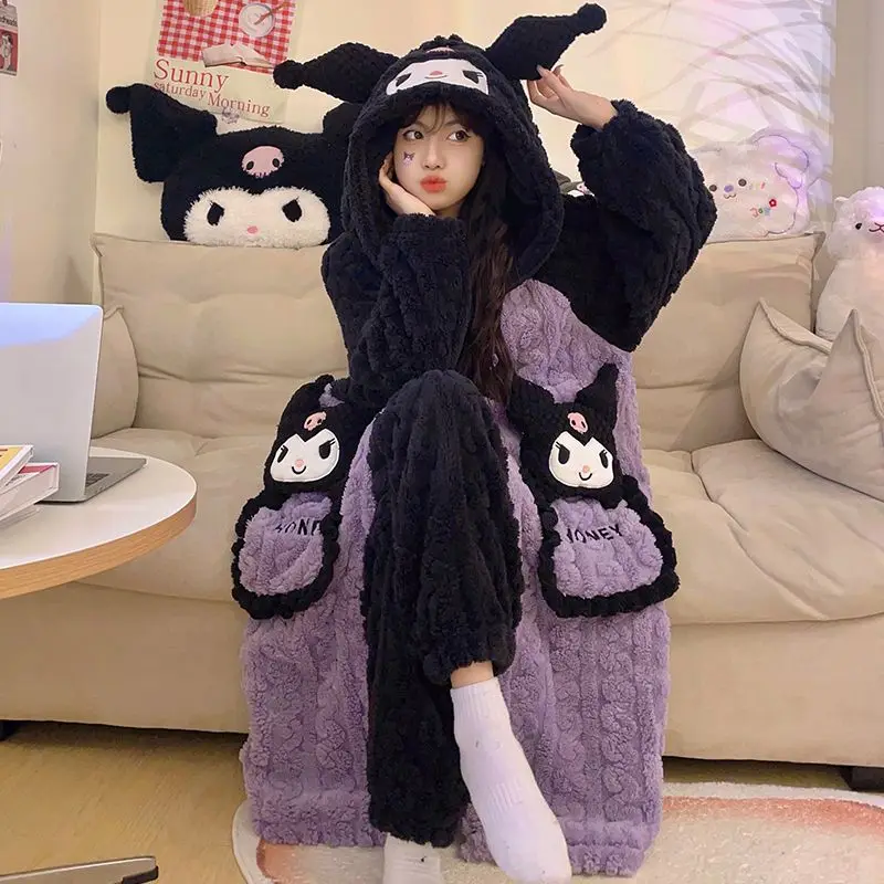 Anime Sanrioed Kuromi Pajamas Pants Set Women Kawaii Melody Coral Fleece Robe Winter Thickened Warm Female Flannel Home Clothes