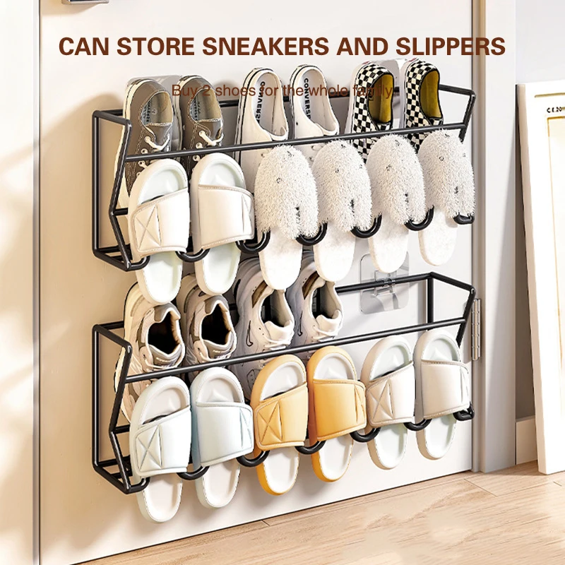 Home Door Shoe Rack Simple Door Indoor Slipper Rack Bathroom Perforation-Free Wall-Mounted Shoe Sundries Organizer