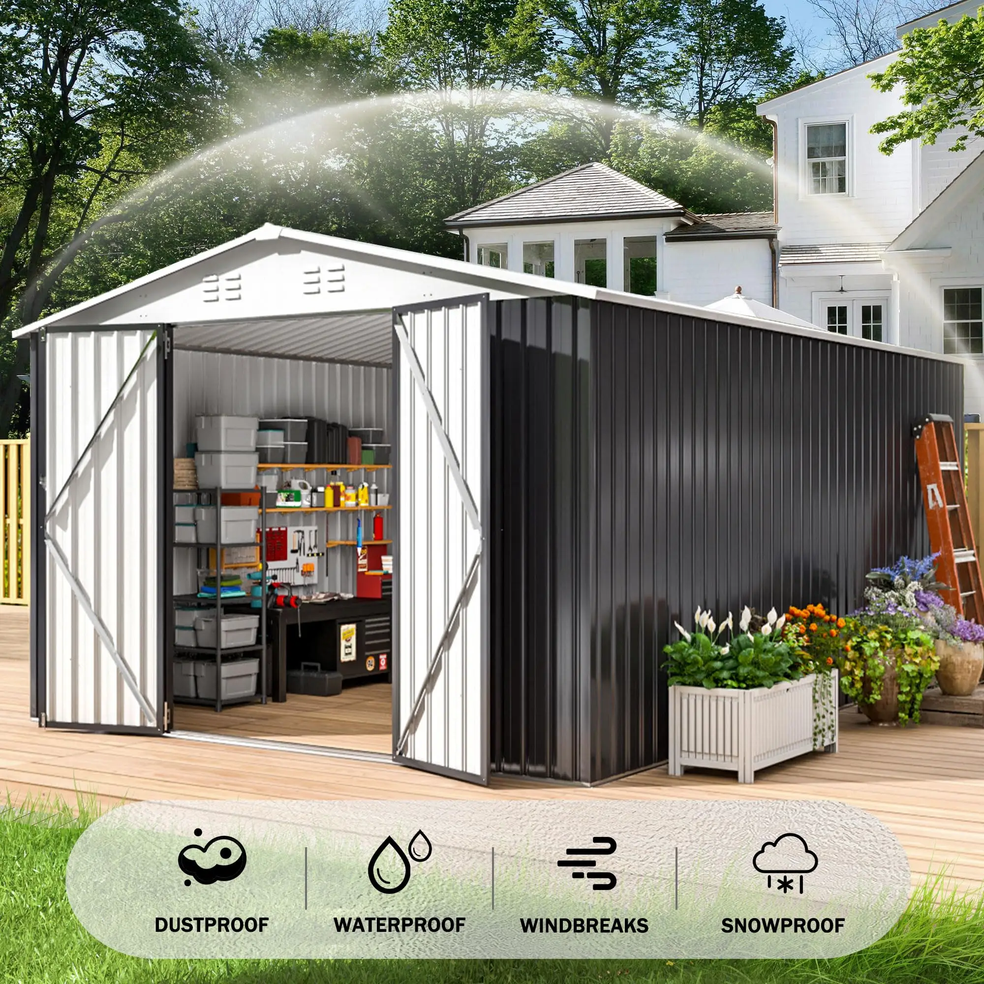 Outdoor Storage Shed Metal Garden Shed with Updated Frame Structure Tool Sheds for Backyard Garden Patio Lawn White