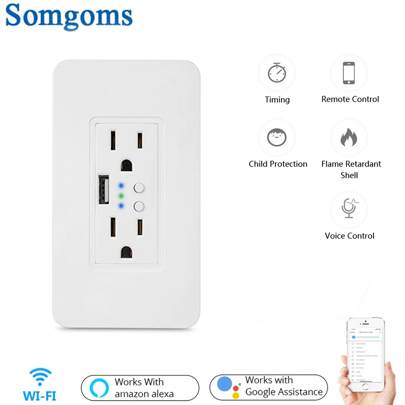 

Smart WiFi Wall Outlet US Electric Plug 90-250V Timer Socket USB Charger 15A Independent Switch Remote Control by Alexa Google