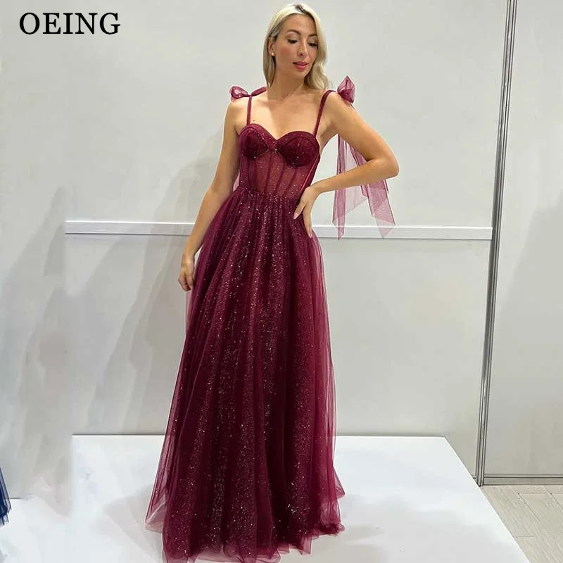 

OEING Burgundy Prom Dress Elegant Bow Straps Tulle Tiered Shiny Party Dresses Formal Occasion Evening Gowns Vestidos De Fiesta