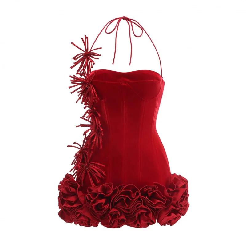 

European and American Style Halter Neck Women's Summer New Elegant Fashion Halter Neck Velvet Short Dress