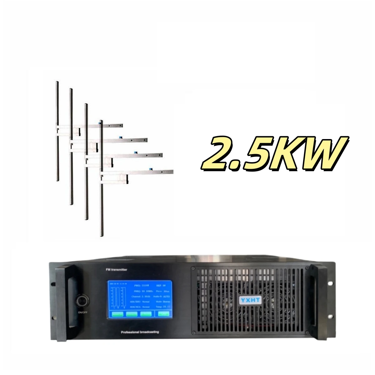 YXHT-2, 2.5KW 3U حزمة كاملة: جهاز إرسال FM 2500W + هوائي 4-Bay لمحطة الراديو