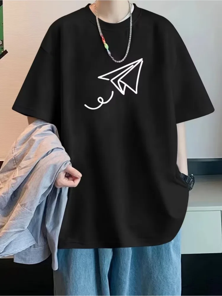 Mens White Oversized Cotton Tee Minimal One Line Paper Plane Drawing Graphic Crew Neck Short Sleeve Simple Daily Male Casual Top