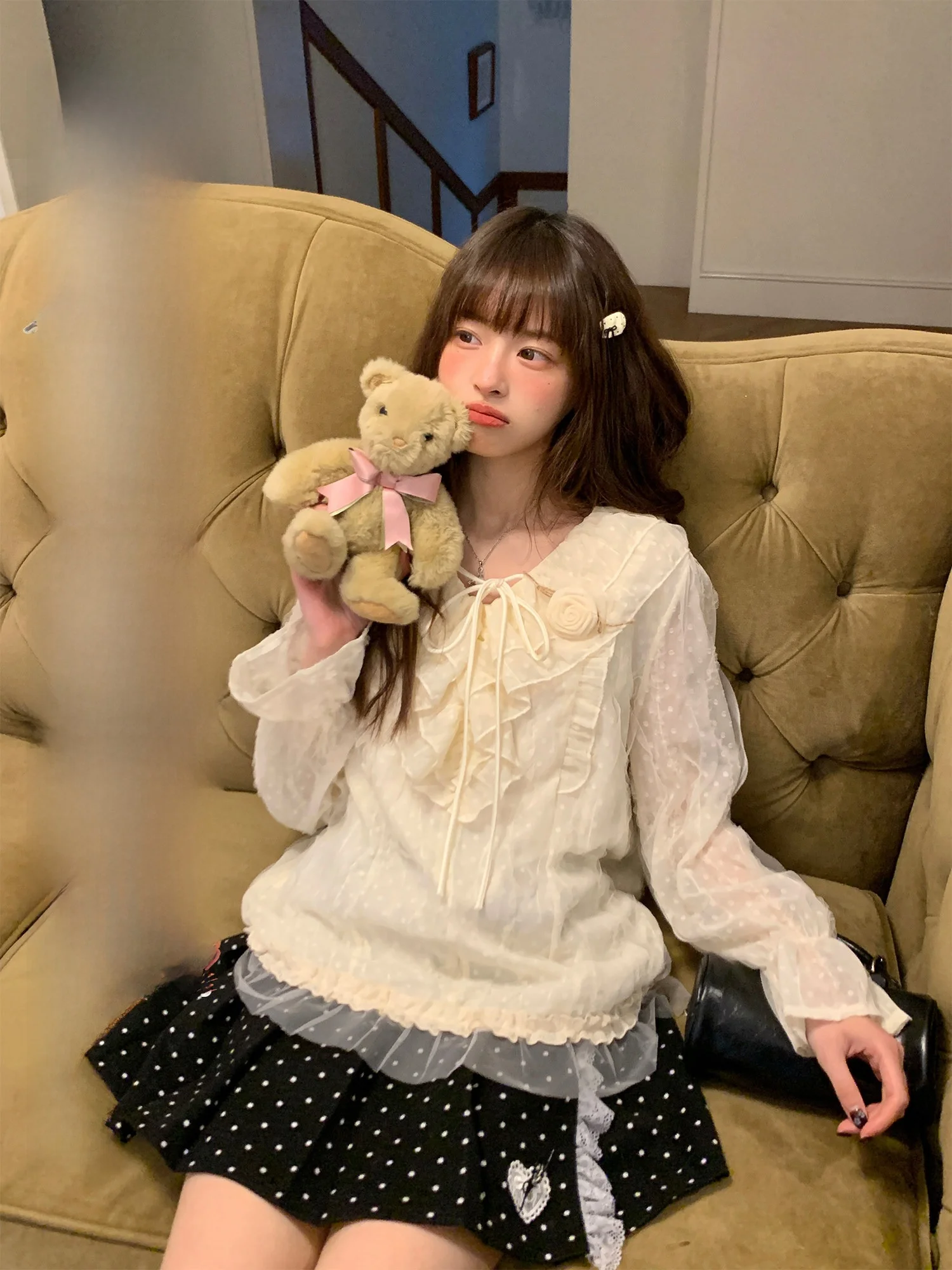 

BibiBency Sweet Style Long Sleeve Rose Print Shirt Women's Slim Fit Spring Lace Base Layer Polyester Petal Sleeve Doll Collar