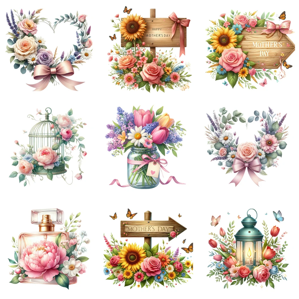 15cm Happy Mothers Day Flower Bicycle Umbrella Diy DTF Heat Transfer Sticker T-shirt Clothes Decals Iron On Transfer Stickers