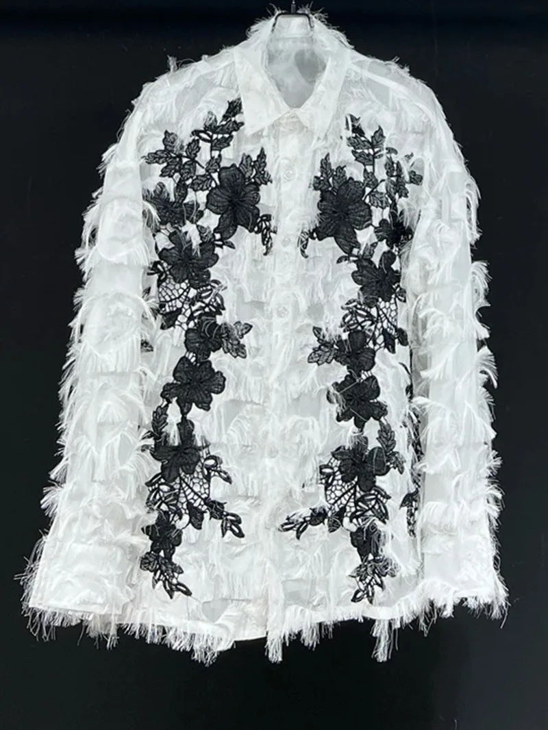 Trendy Male Shirt 2025 New Personality Lace Print Patchwork Decoration Loose Casual Long Sleeve Shirts Fashion Tops LQ27