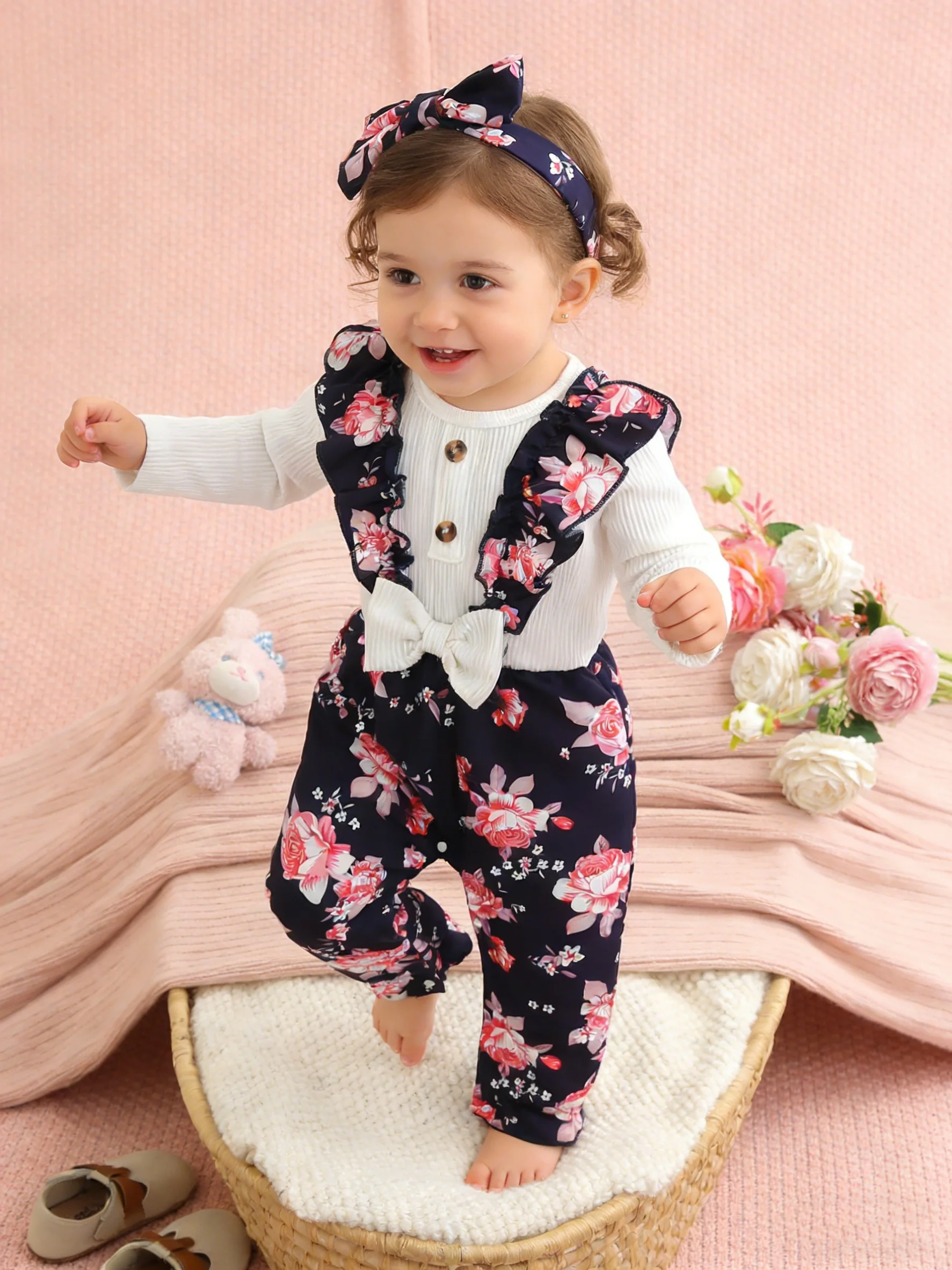 Conjunto de Mono y Diadema para Bebé Niña, Estilo Primavera-Otoño, con Estampado Floral Azul Rey, para Bebés