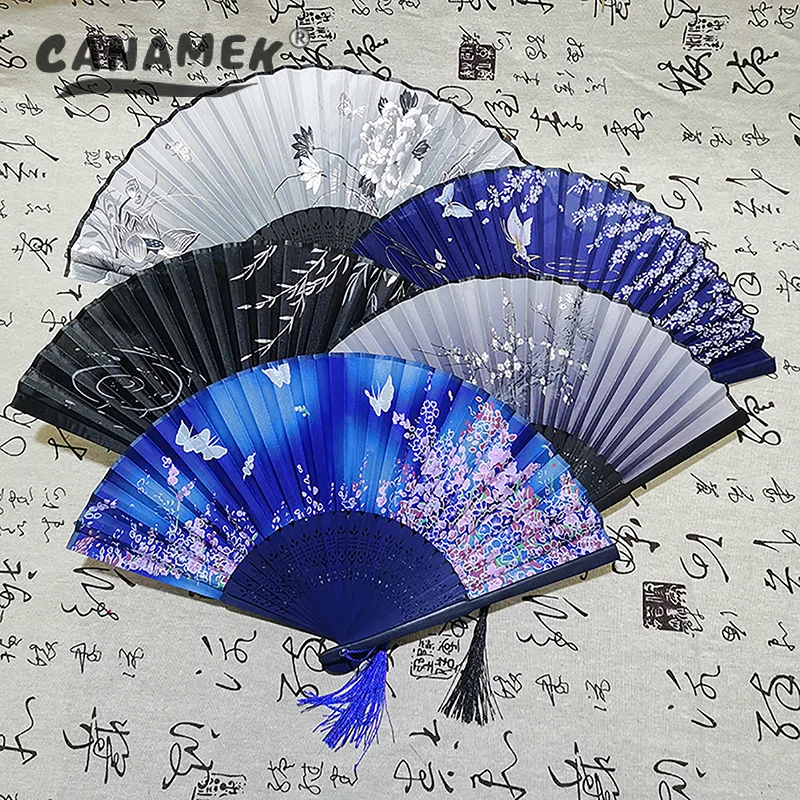 Vintage Chinese Style Folding Fan Bamboo Hand Fan Wooden Shank Classical Dance Fan With Tassel Elegent Female Fan Home Decor