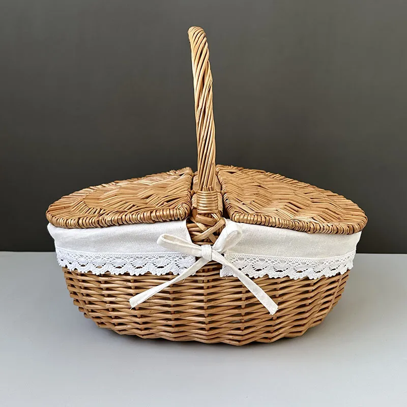 Picnic Basket with Cover Folding Handheld Basket Weaving Fruit Picking Vine Weaving Storage