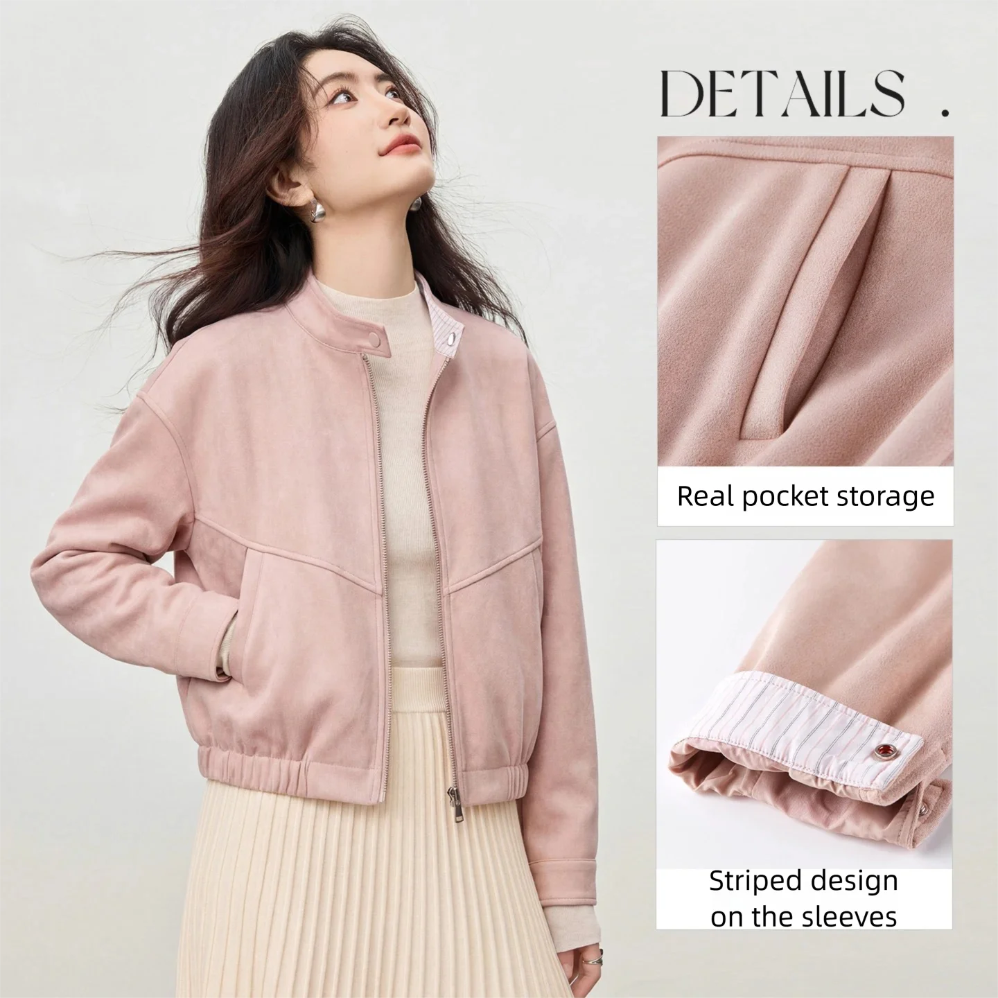 Kurtka zamszowa damska SENTUBILA 2026, codzienna, panelowa, w paski, ze stójką, kurtka ze sztucznej skóry, nowa, luźna kurtka wiosenna W61WB5961