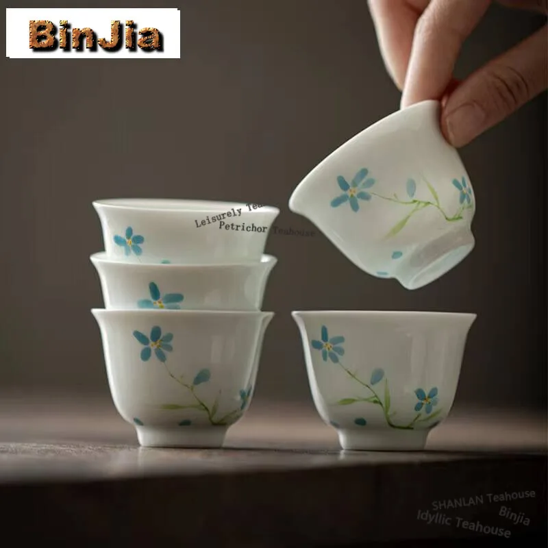 

2Pc/Set Hand-Painted Blue Cedar Tea Cups Handmade Thin Body Single Cup White Porcelain Meditation Master Kung Fu Teaset 50Ml