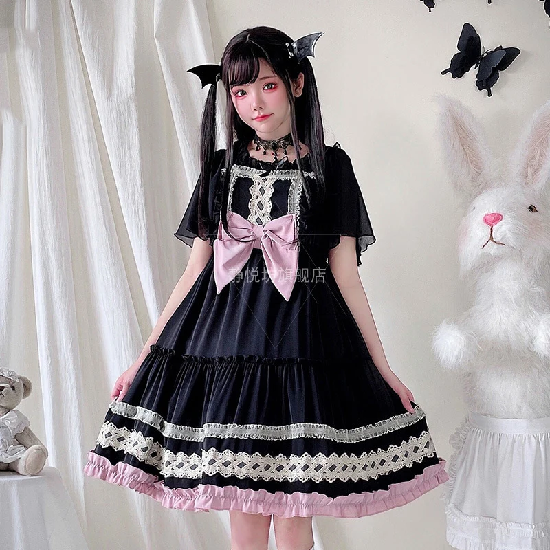 Japanese Soft Girl Gothic Laurie Bow Dress Lolita Black Sweet Cool JK Strap Dress Goddess Queen Cosplay Vestidos Y2k Anime