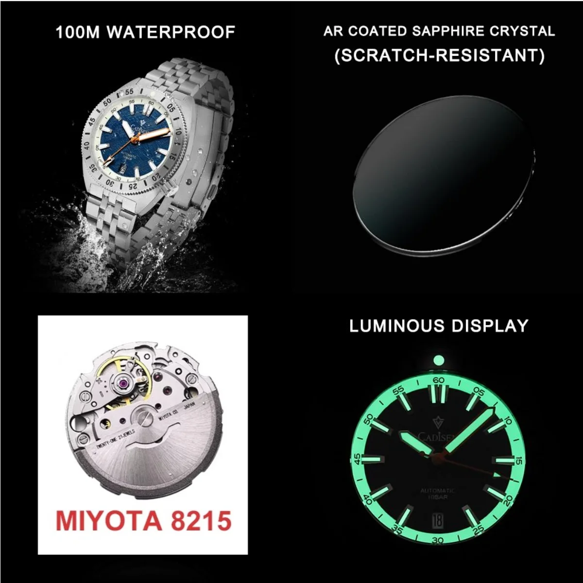 CADISEN Mens Automatic Watch Japan MIYOTA 8215 Movt Sapphire Glass 100M Waterproof Luminous Meteorite Dial Mechanical Wristwatch