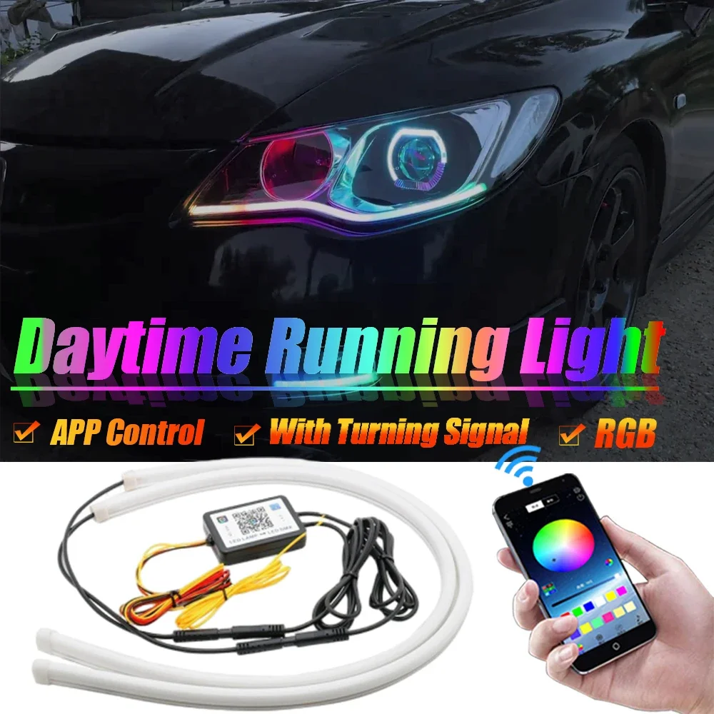 1Set RGB Car LED Daytime Running Lights Remote Control/APP 12V Flexible Auto Headlight Strips DRL Flowing Turn Signal Lamps 60cm