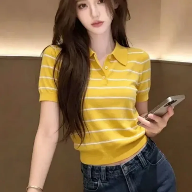 Women Clothes Summer Korean Fashion Striped Color Blocking Polo Collar Female Appear Thin Young Style Short Sleeve Loose Top Tee