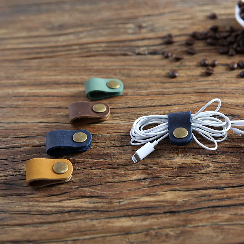 Earphone Wire Organizer Top Layer Cowhide Genuine Leather Cable Winder Holder Cord Data Line Bobbin Winder Clip Wrap Wirding