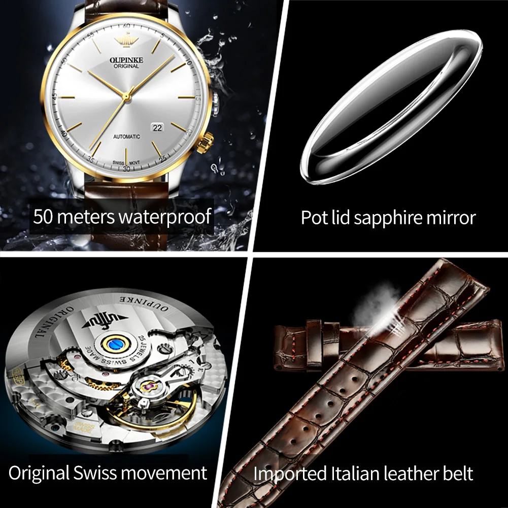 OUPINKE 3269 Mechanical Watch Men Original Swiss Movement 7.3 Ultra-thin Dial Deep Waterproof TOP Brand Man Wristwatches