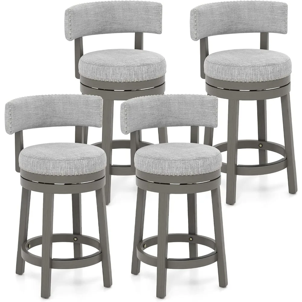 

Bar Stool Set of 4, 27-inch 360° Swivel Barstool with Upholstered Back & Seat, Solid Rubber Wood Legs & Footrest, Farmhouse