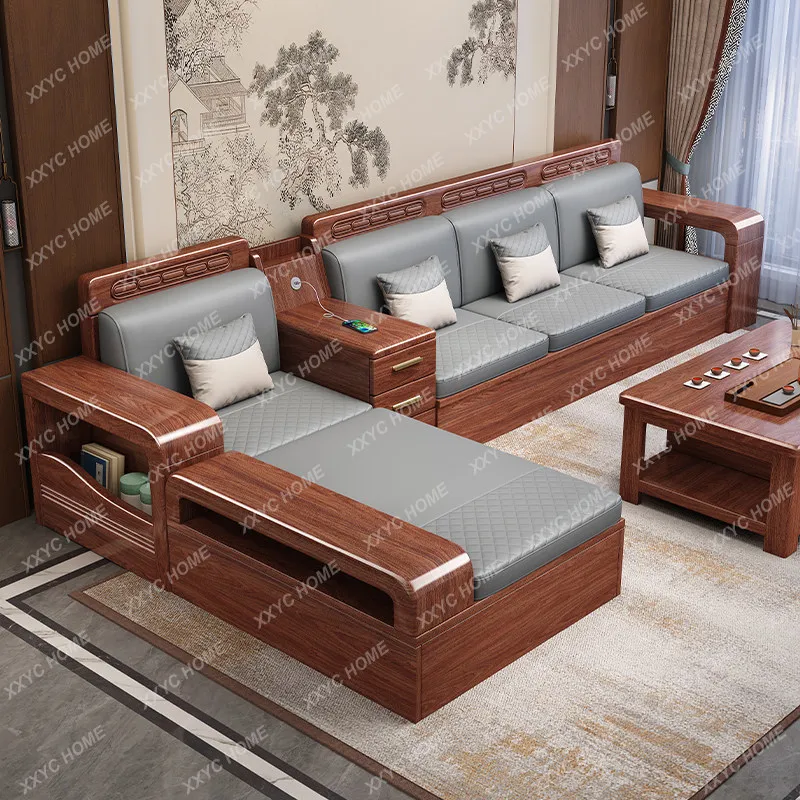 JJJNew chinoiserie walnut for home living room winter and summer dual-use cat claw leather sofa