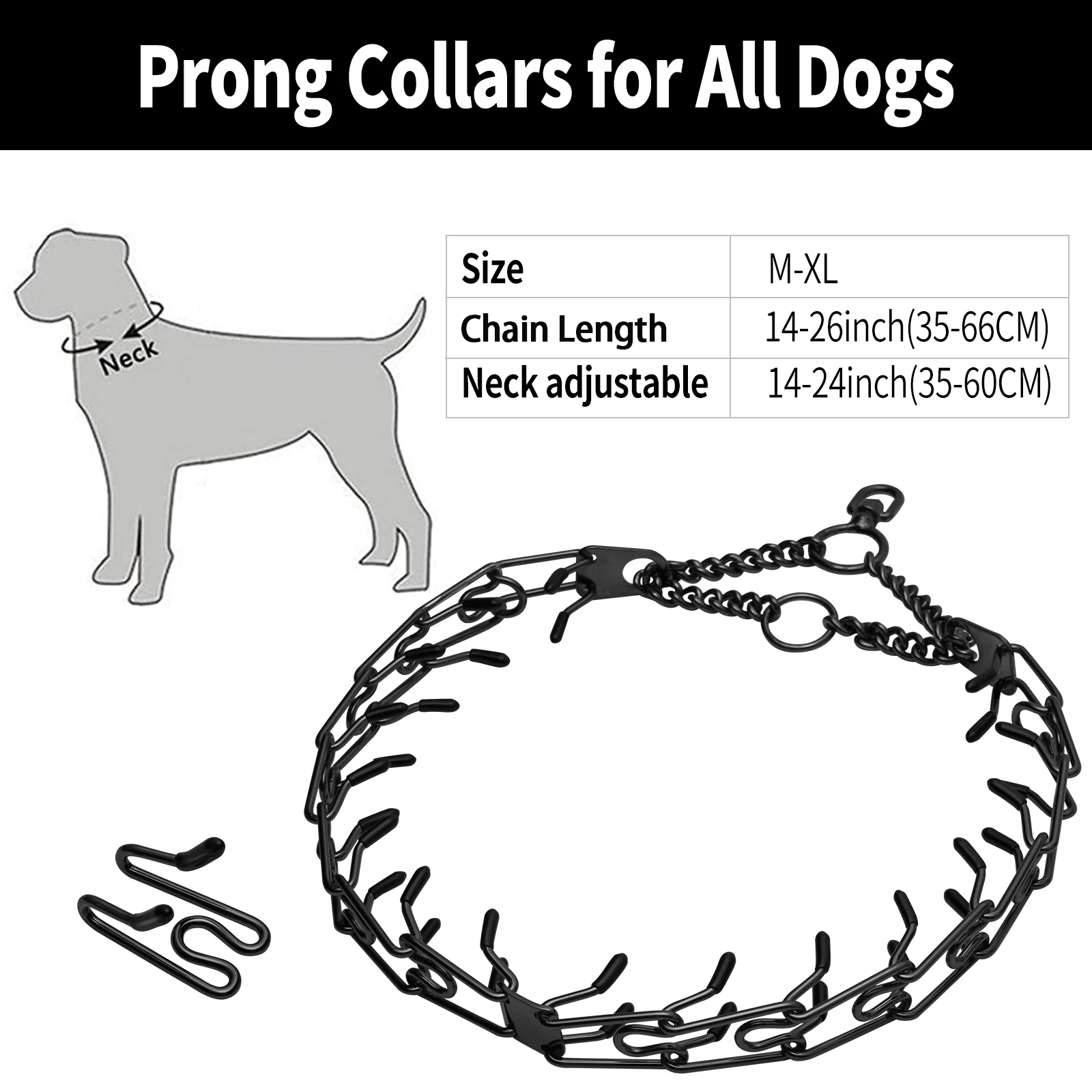 Metal Dog Training Prong Collar Removable Black Pet Link Chain Adjustable Stainless Steel Spike Necklace with Comfort Rubber Tip