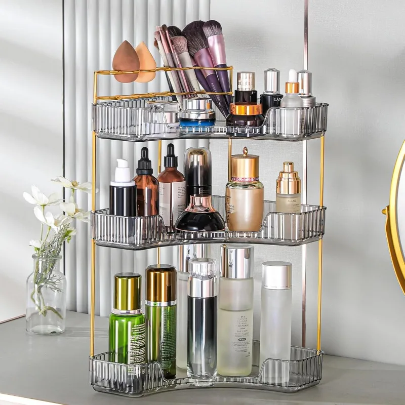 3-Tier Corner Bathroom Counter Organizer with Makeup Brush Holder, Countertop Perfume Organizer, Makeup Cosmetic Storage,